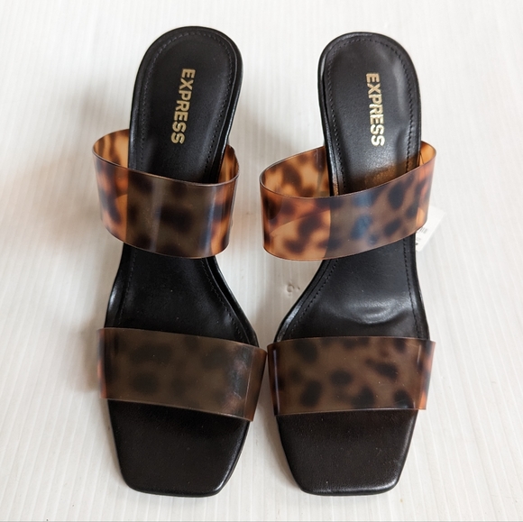 EXPRESS women's translucent leopard printed double strap heeled slide sandals - Picture 13 of 13